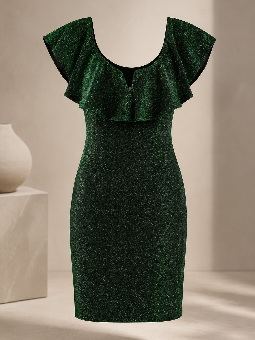 Shimmer Green Ruffle-Shoulder Mini Dress